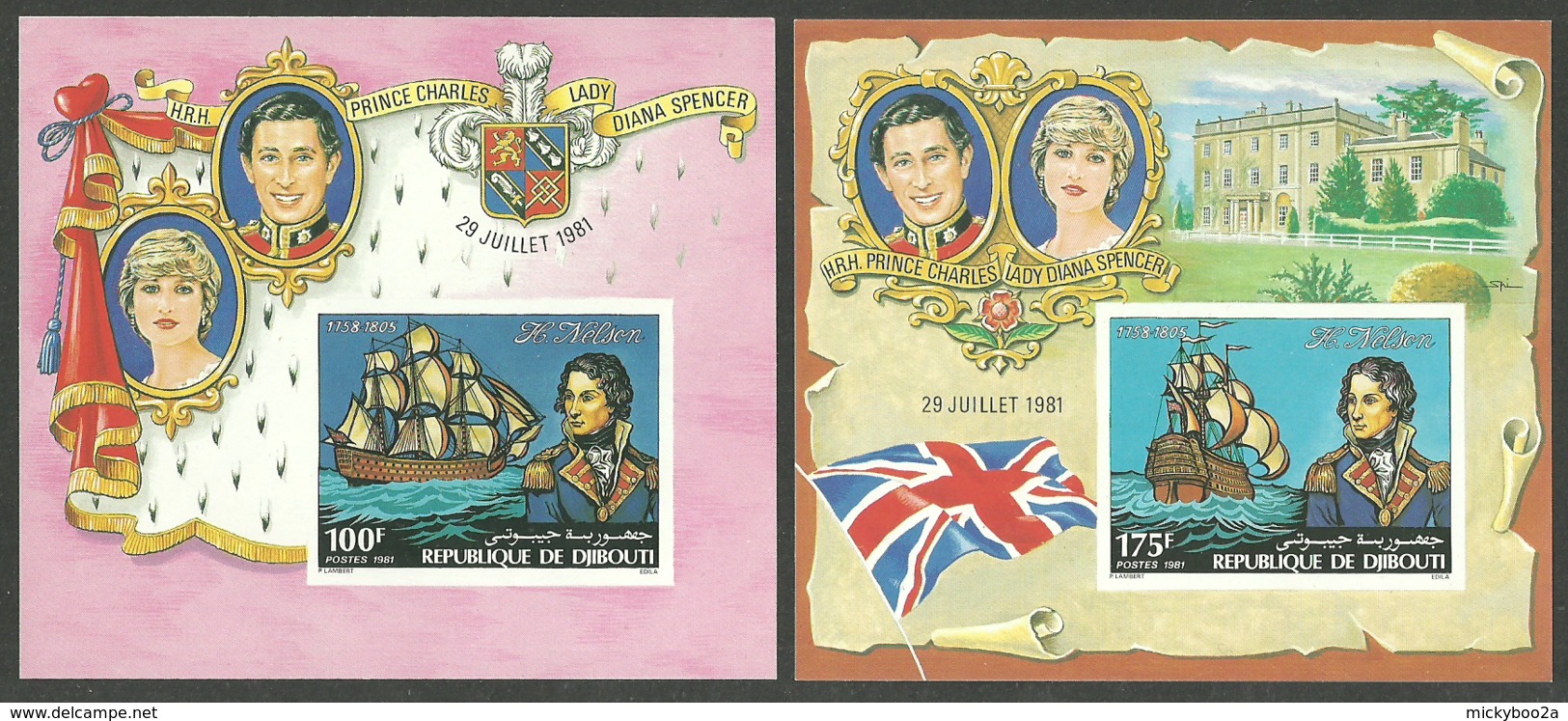 DJIBOUTI 1981 ROYAL WEDDING CHARLES & DIANA SHIPS NELSON DELUXE M/SHEETS IMPERF MNH - Djibouti (1977-...)