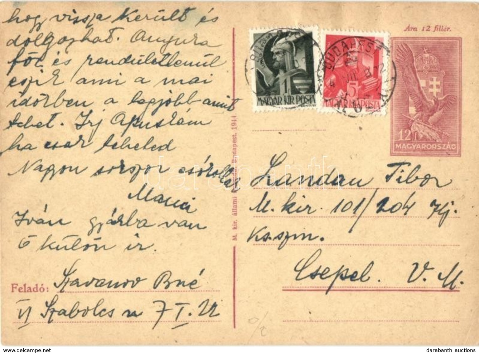 T2/T3 1944 Szaranov B.-né Levele Fiának, Landau Tibor Zsidó KMSZ-nak (közérdek? Munkaszolgálatos) M. Kir. 101/204. Zlj.  - Non Classés