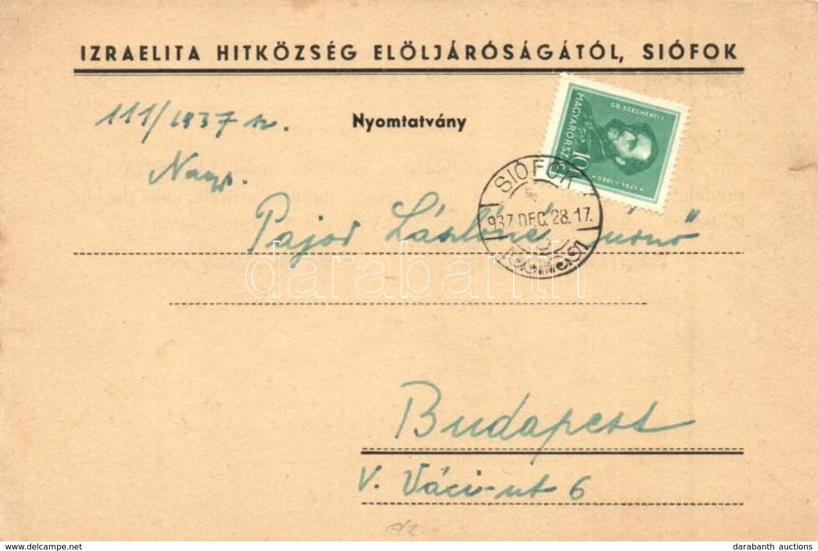 T2/T3 1937 Siófoki Izraelita Hitközség Elöljárósága. Iskola Adó A Hátoldalon / Hungarian Israeli Magistracy, Jewish Scho - Non Classificati