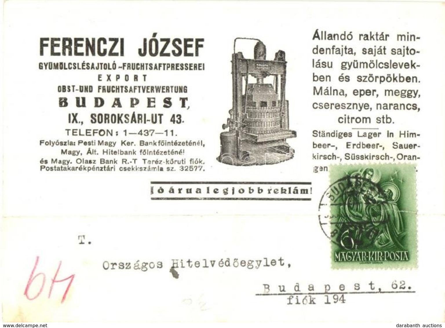 T2 1938 Ferenczi József Gyümölcslé-sajtoló (Fruchtsaftpresserei) Reklámlapja, Hátoldalon A Pecsétje. Budapest IX. Soroks - Ohne Zuordnung