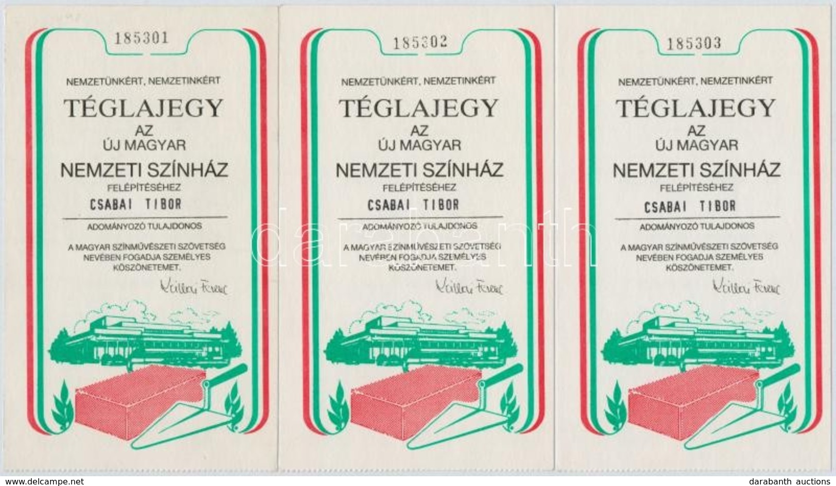 1987. 100Ft 'Nemzeti Téglajegy - Téglajegy Az új Magyar Nemzeti Színház Felépítéséhez' (9x) Sorszámkövet?k T:I- - Ohne Zuordnung