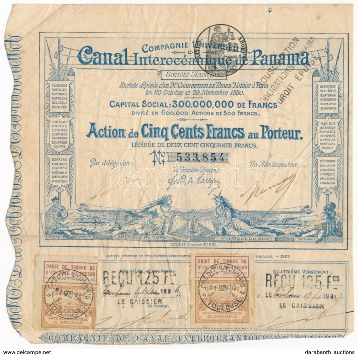 Franciaország / Párizs 1880. 'Compagnie Universelle Canal Interocéanique De Panama' Részvénye 500Fr-ról, Bélyegekkel és  - Ohne Zuordnung