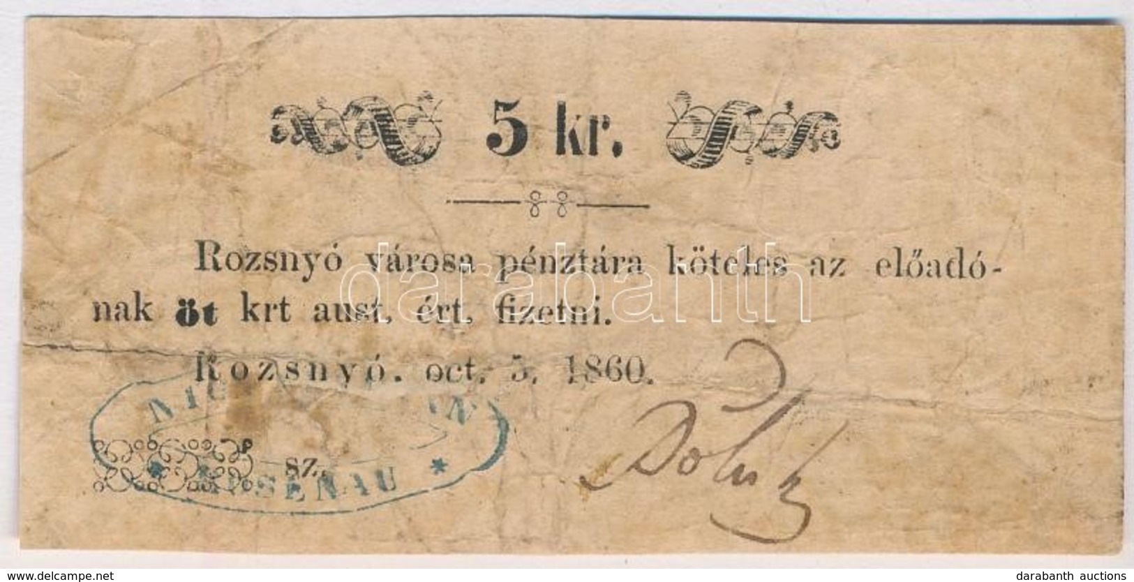 Rozsnyó 1860. 5kr 'Rozsnyó Városa Pénztára' T:III- Szakadás, Ragasztás - Zonder Classificatie