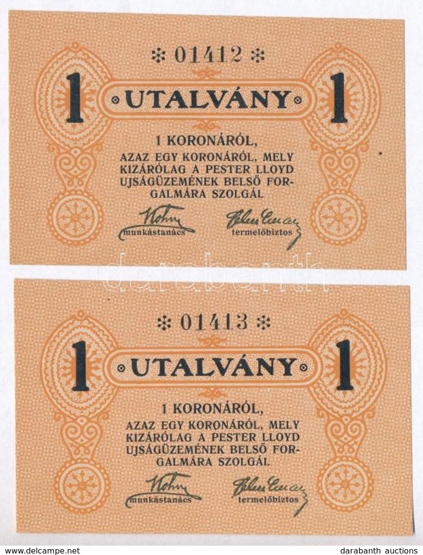 Budapest ~1920. 1K (2x) Sorszámkövet?k 'Pester Lloyd' Utalvány T:I - Non Classificati