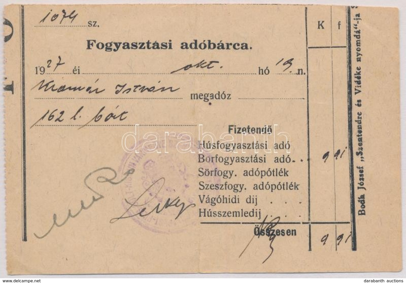 1927. 'Fogyasztási Adóbárca' 991P-r?l, Tintával Kitöltve, 'Pest-Pilis-Solt-Kiskun Vármegye Szentendre' Felülbélyegzéssel - Non Classés