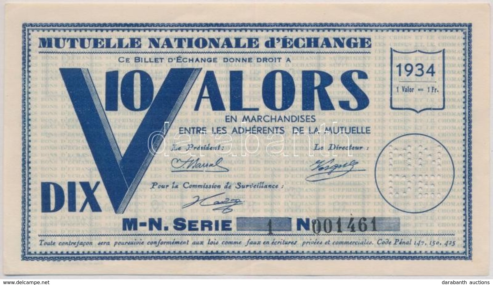 Franciaország 1934. 'Mutuelle Nationale D'Exchage' Nemzeti Váltókölcsön 10Fr értékben, Perforált T:III
France 1934. 'Mut - Non Classificati