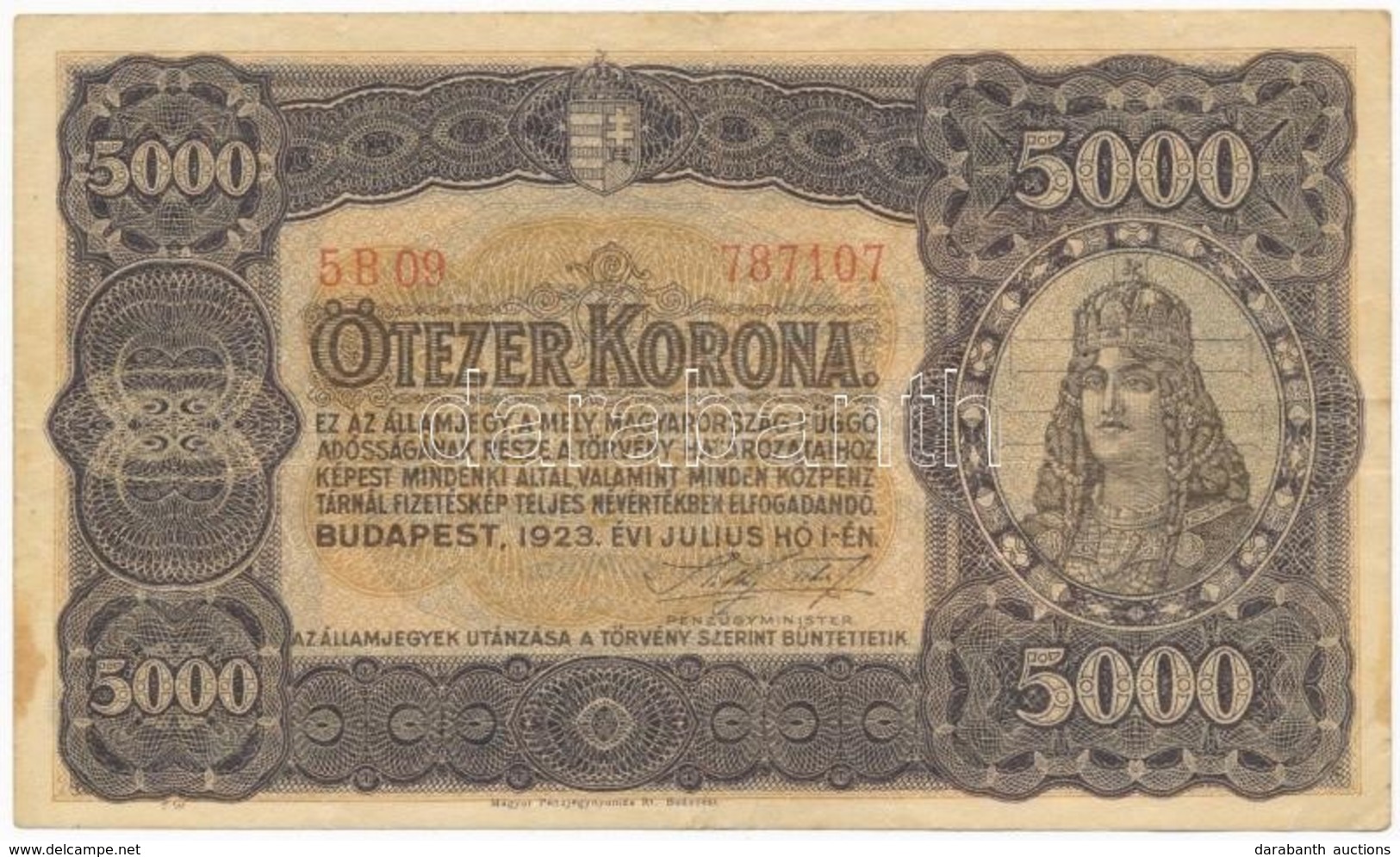 1923. 5000K 'Magyar Pénzjegynyomda Rt. Budapest' T:III Kis Fo. - Non Classés