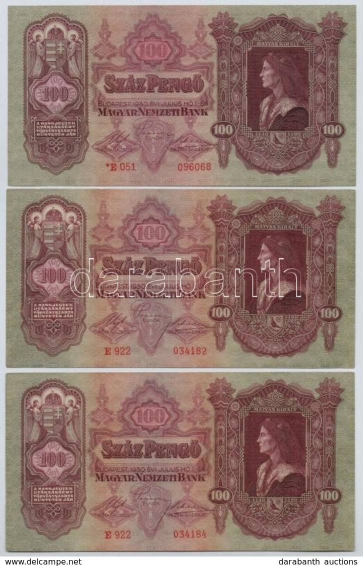 1930. 100P (3x) Egyik Csillagos Sorozatszámmal, Két Másik Egyugrásos Sorszámkövet? T:I - Non Classés