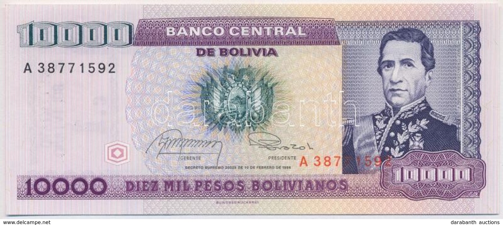 Bolívia 1984. 10.000P '1 Centavo' Felülbélyegzéssel T:I
Bolivia 1984. 10.000 Pesos With '1 Centavo' Overprint  C:UNC - Zonder Classificatie