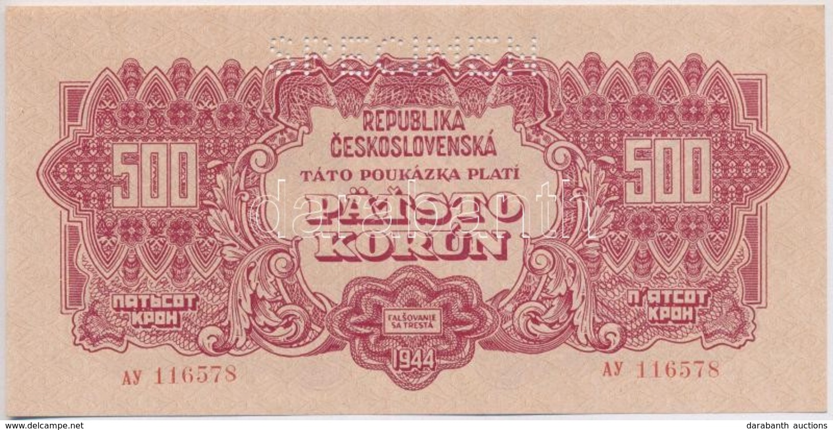 Csehszlovákia 1944. 500K 'SPECIMEN(MINTA)' Perforációval T:I
Czechoslovakia 1944. 500 Korun With 'SPECIMEN' Perforation  - Non Classificati