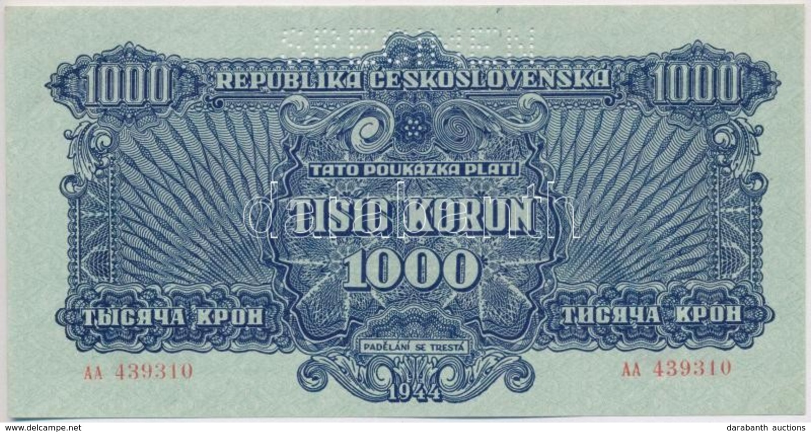 Csehszlovákia 1944. 1000K 'SPECIMEN(MINTA)' Perforációval T:I
Czechoslovakia 1944. 1000 Korun With 'SPECIMEN' Perforatio - Non Classificati