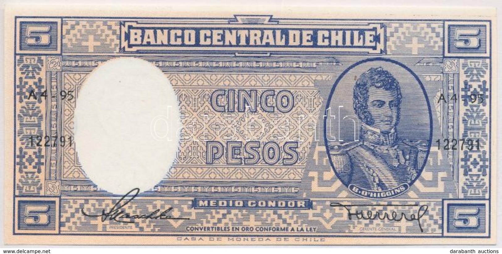 Chile 1947-1958. 5P (=1/2C) T:I
Chile 1947-1958. 5 Pesos (=1/2 Condor) C:UNC
Krause 110 - Ohne Zuordnung