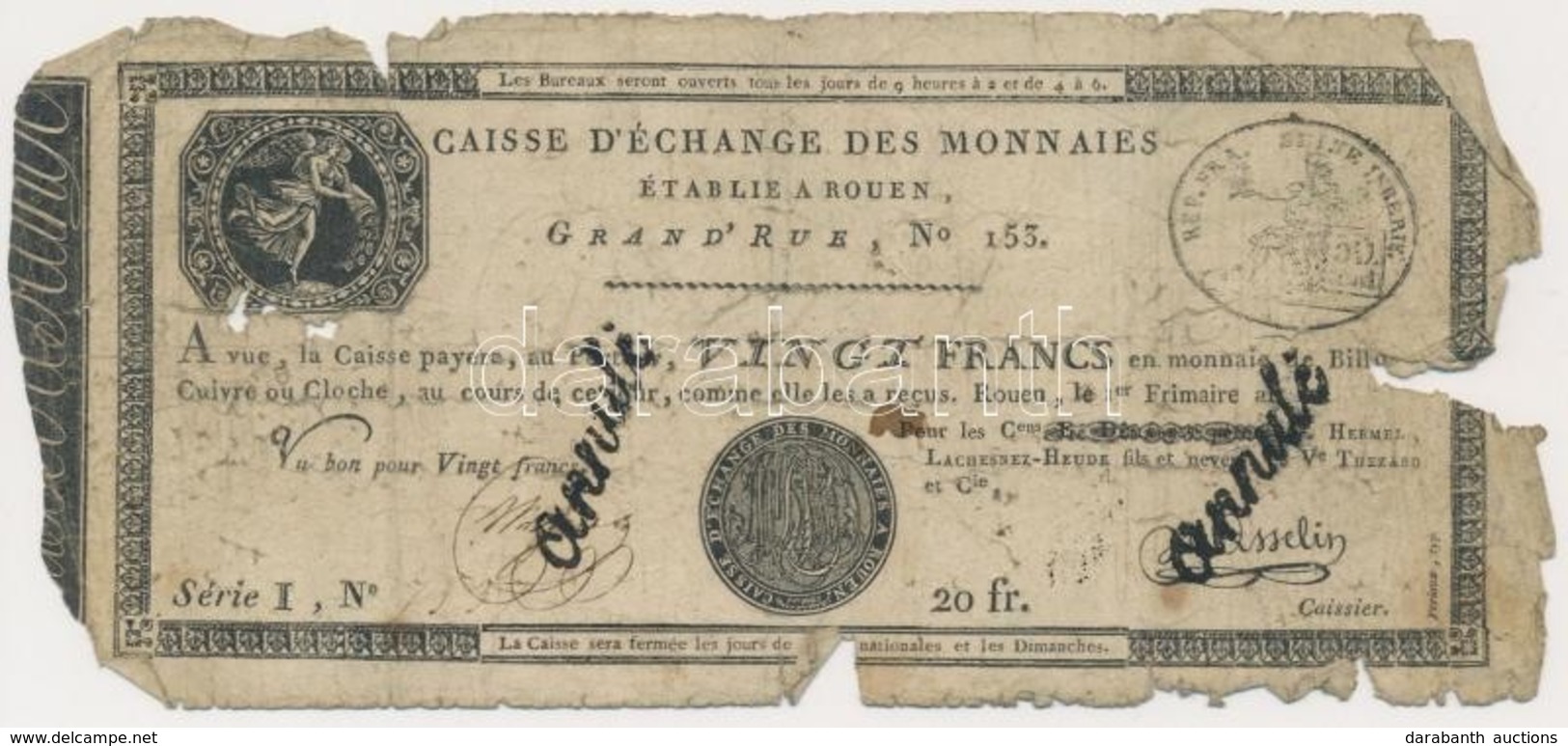 Franciaország / Rouen 1797-1803. 20Fr 'annulé (érvénytelen)' Felülbélyegzéssel T:IV 
France / Rouen 1797-1803. 20 Francs - Non Classés