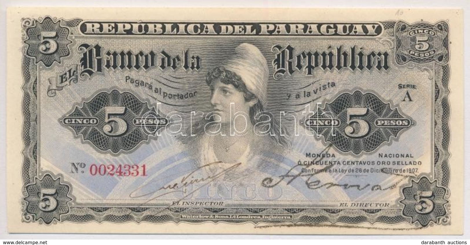 Paraguay 1907. 5P (=1/2 Peso Oro) T:I-
Paraguay 1907 5 Pesos (=1/2 Peso Oro) C:AU
Krause 156 - Zonder Classificatie