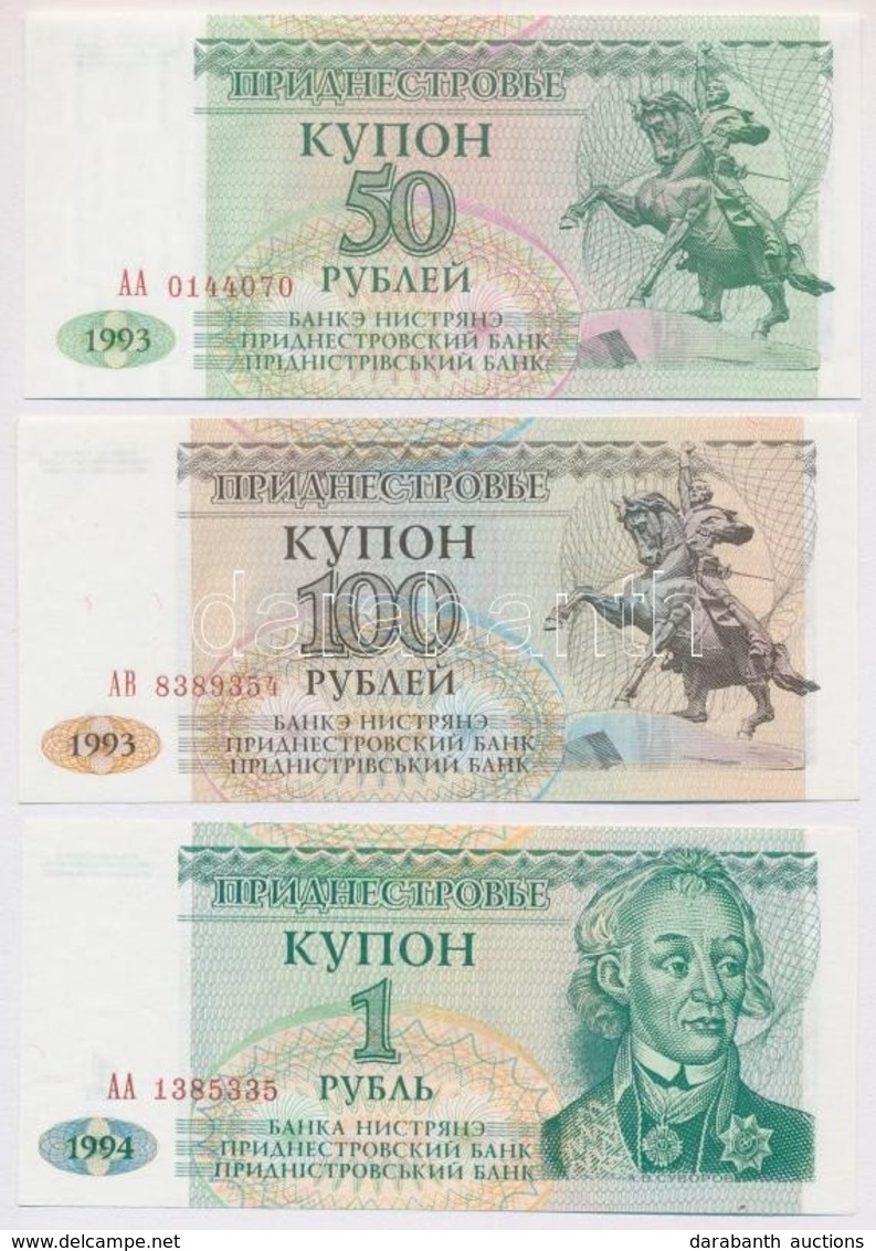 Transznisztria 1993. 50R + 100R + 1994. 1R + 5R + 10R + 10.000R T:I 
Transnistria 1993. 50 Ruble + 100 Ruble + 1994. 1 R - Ohne Zuordnung