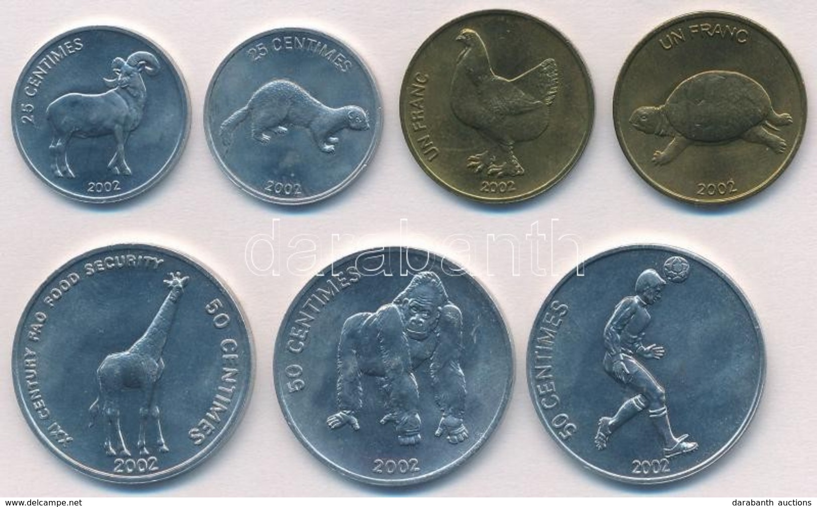 Kongó 2002. 25c (2xklf) + 50c (3xklf) + 1Fr (2xklf) T:1-,2
Congo 2002. 25 Centimes (2xdiff) + 50 Centimes (3xdiff) + 1 F - Unclassified