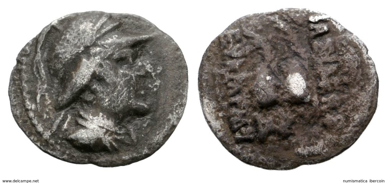 25 EUKRATIDES I. Obolo. 170-145 A.C. Baktria. A/ Busto Drapeado Y Con Casco A Derecha. R/ Piloi De Los Dióscuros Coronad - Other & Unclassified