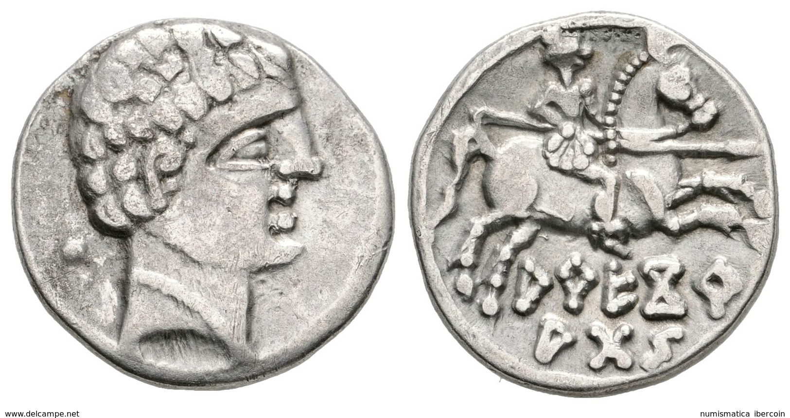 30 ARECORATAS. Denario. 150-20 A.C. Agreda (Soria). A/ Cabeza Masculina A Derecha, Detrás Glóbulo. R/ Jinete Con Lanza A - Altri & Non Classificati