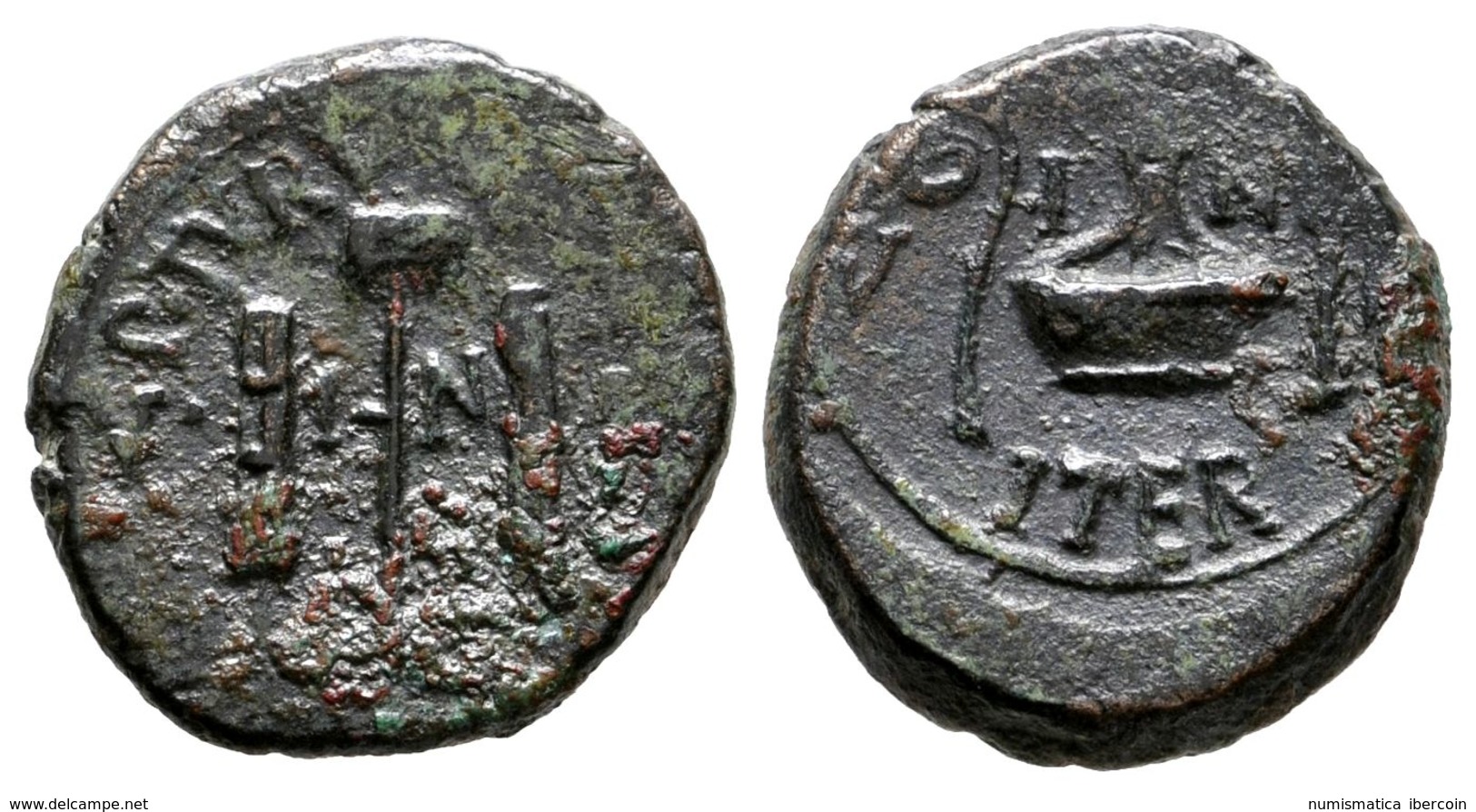 80 CARTAGONOVA. Cuadrante. Epoca De Tiberio. 14-36 D.C. Cartagena (Murcia). A/ Fasces Y Vexilo, A Los Lados V. I. N. K., - Otros & Sin Clasificación