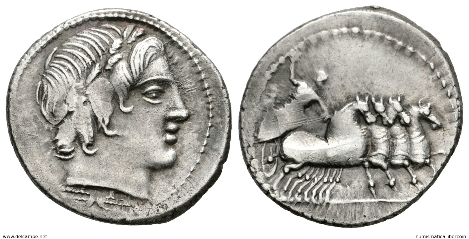 193 ACUÑACIONES ANONIMAS. Denario. 86 A.C. Roma. A/ Cabeza Laureada De Apolo A Derecha, Debajo Haz De Rayo. R/ Júpiter E - Republic (280 BC To 27 BC)