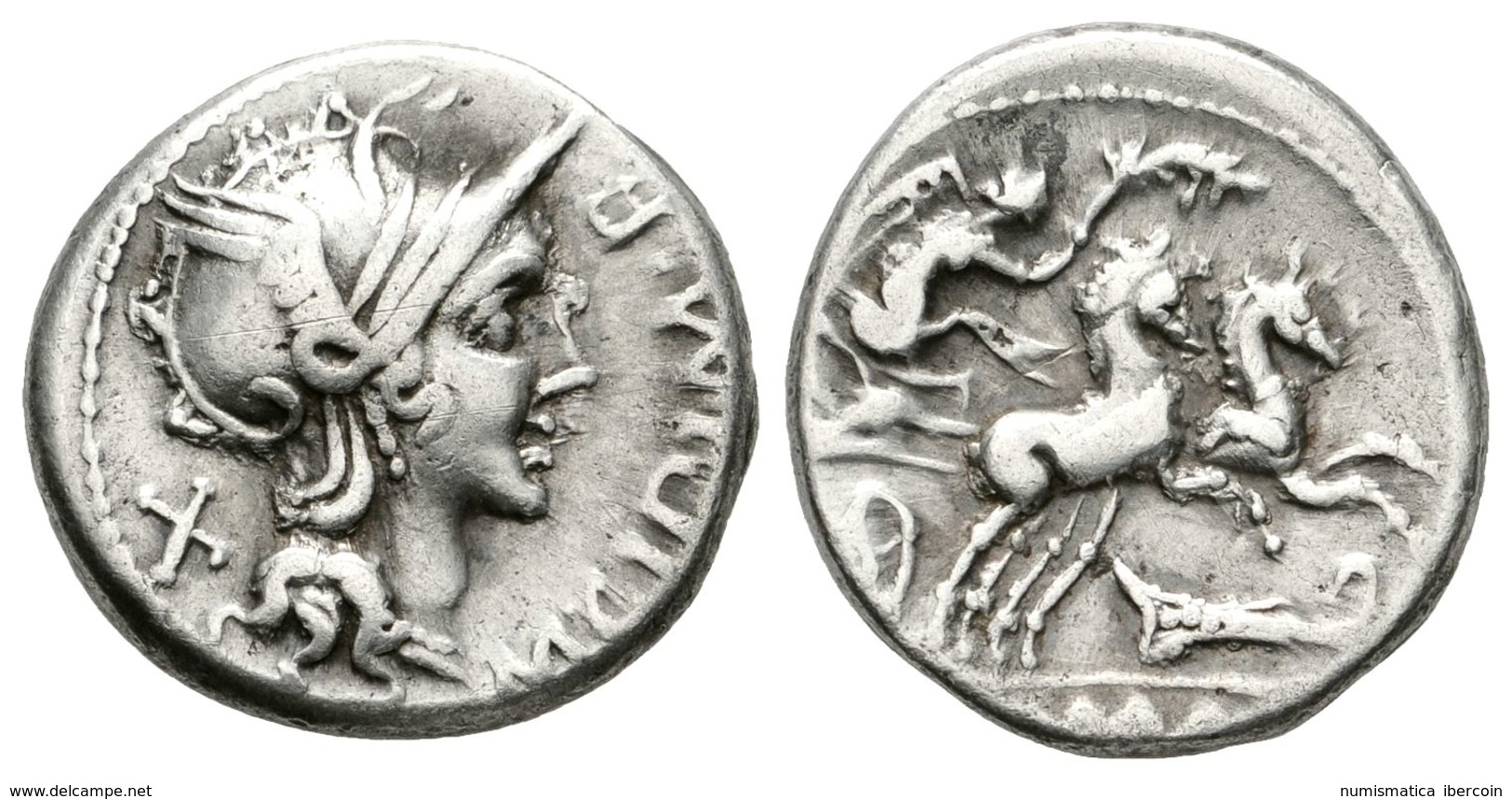 200 M. CIPIUS. Denario. 115-114 A.C. Ceca Incierta. A/ Cabeza De Roma A Derecha, Delante M CIPI M F, Detrás X. R/ Victor - Republiek (280 BC Tot 27 BC)