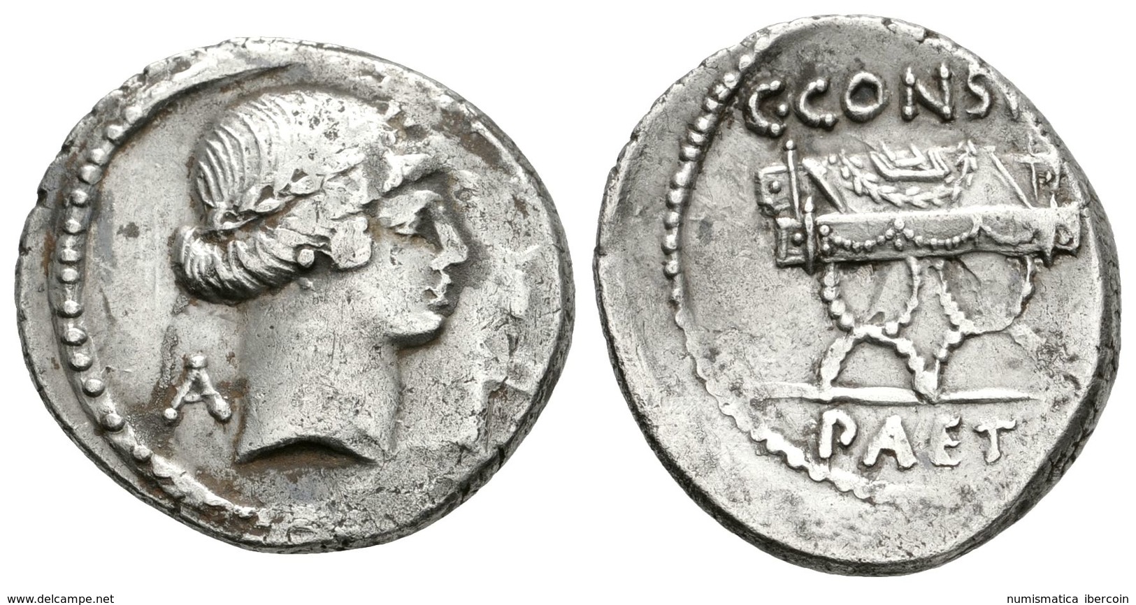 202 C. CONSIDIUS PAETUS. Denario. 46 A.C. Roma. A/ Busto Laureado De Apolo A Derecha, Letra A Detrás. R/ Silla Curul Y S - Republiek (280 BC Tot 27 BC)