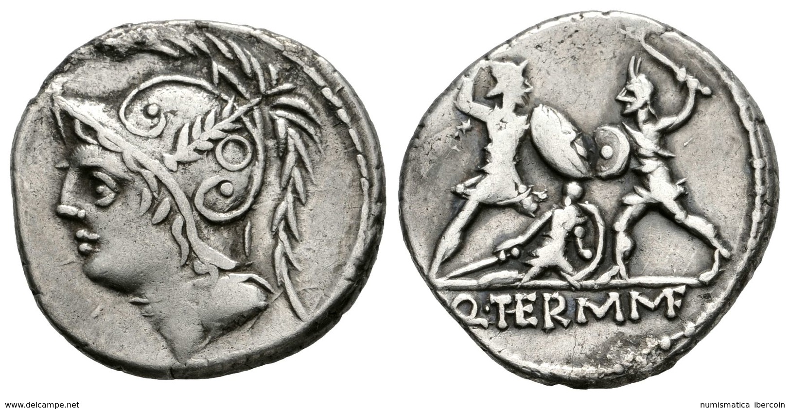 209 Q. MINUCIUS THERMUS. Denario. 103 A.C. Roma. A/ Cabeza De Marte A Izquierda. R/ Dos Soldados Combatiendo, Entre Ello - Republiek (280 BC Tot 27 BC)