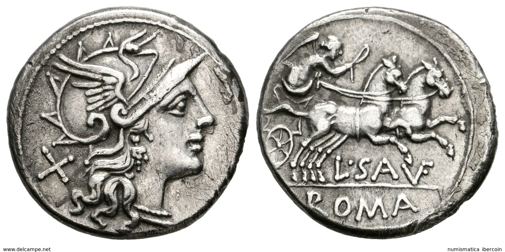 214 L. SAUFEIUS. Denario. 152 A.C. Roma. A/ Cabeza De Roma A Derecha, Detrás X. R/ Victoria Con Látigo En Biga A Derecha - República (-280 / -27)