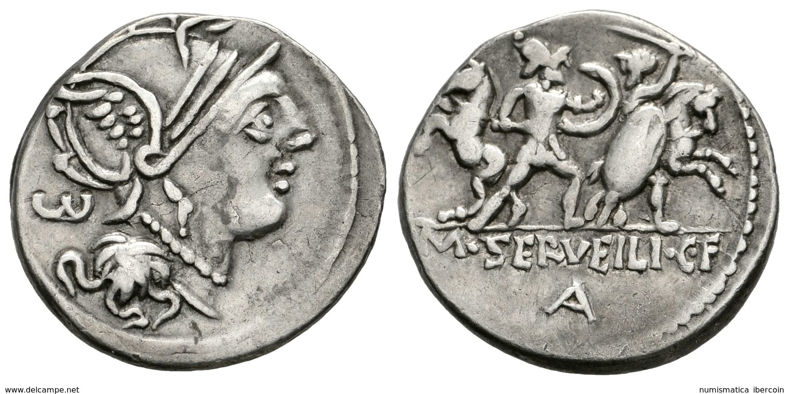 216 M. SERVEILIUS. Denario. 100 A.C. Norte De Italia. A/ Busto De Roma A Derecha, Detrás Letra. R/ Dos Guerreros Luchand - Röm. Republik (-280 / -27)