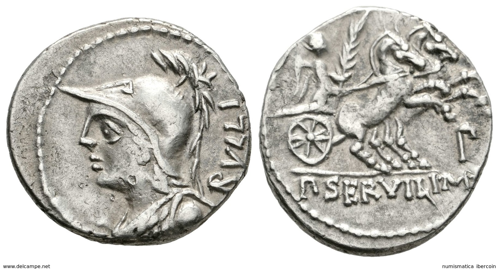 217 P. SERVILIUS RULLUS. Denario. 100 A.C. Norte De Italia. A/ Busto De Minerva A Izquierda, Detrás RULLI. R/ Victoria P - Repubblica (-280 / -27)