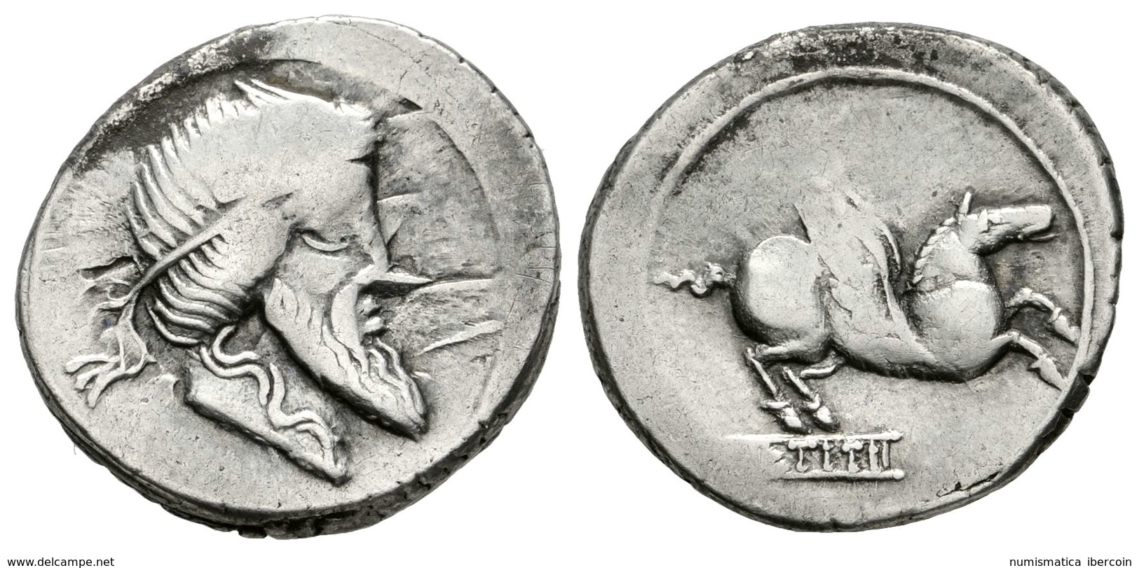 219 Q. TITIUS. Denario. 90 A.C. Italia Central. A/ Cabeza Del Dios Mutinus Titinus A Derecha. R/ Pegaso A Derecha, Debaj - Repubblica (-280 / -27)