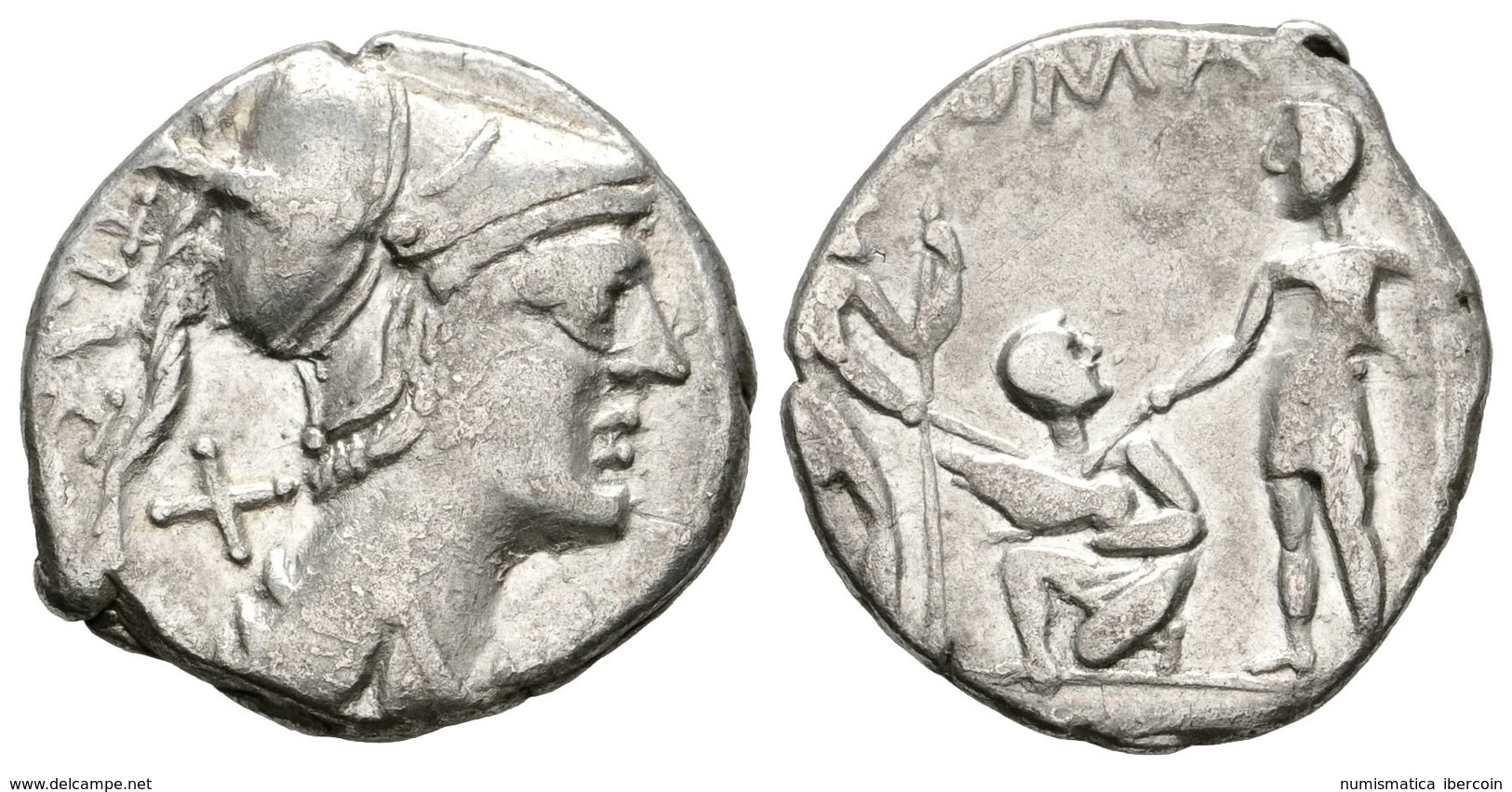 220 T. VETURIUS. Denario. 137 A.C. Roma. A/ Busto De Marte A Derecha, Detrás Signo De Valor X Y Leyenda TI VET. R/ Escen - Röm. Republik (-280 / -27)