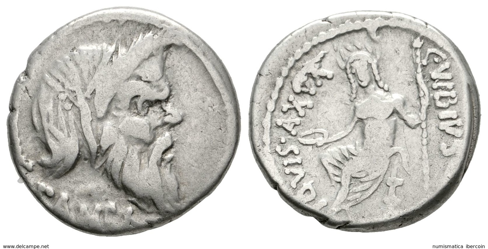 222 C. VIBIUS. C.F. PANSA. Denario. 48 A.C. Roma. A/ Máscara De Pan A Derecha Detrás PENDUM Y Debajo PANSA. R/ Júpiter A - Republiek (280 BC Tot 27 BC)