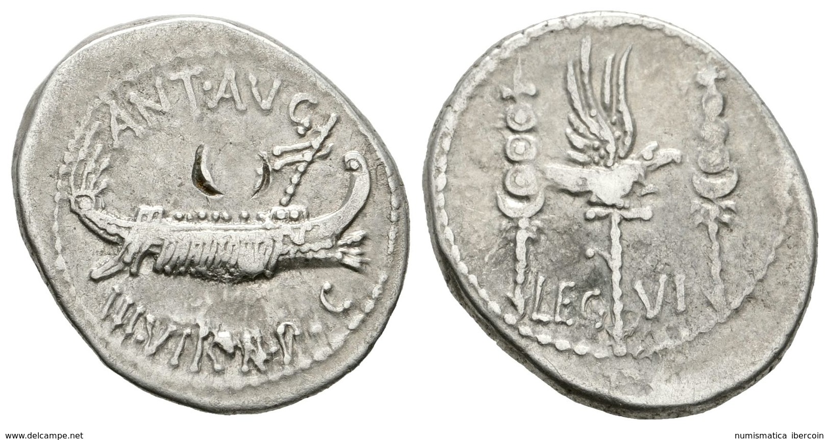 229 MARCO ANTONIO. Denario. 32-31 A.C. Ceca Volante. A/ ANT. AVG. III VIR. R. P. C. Galera Pretoriana A Derecha. R/ LEG. - Republiek (280 BC Tot 27 BC)