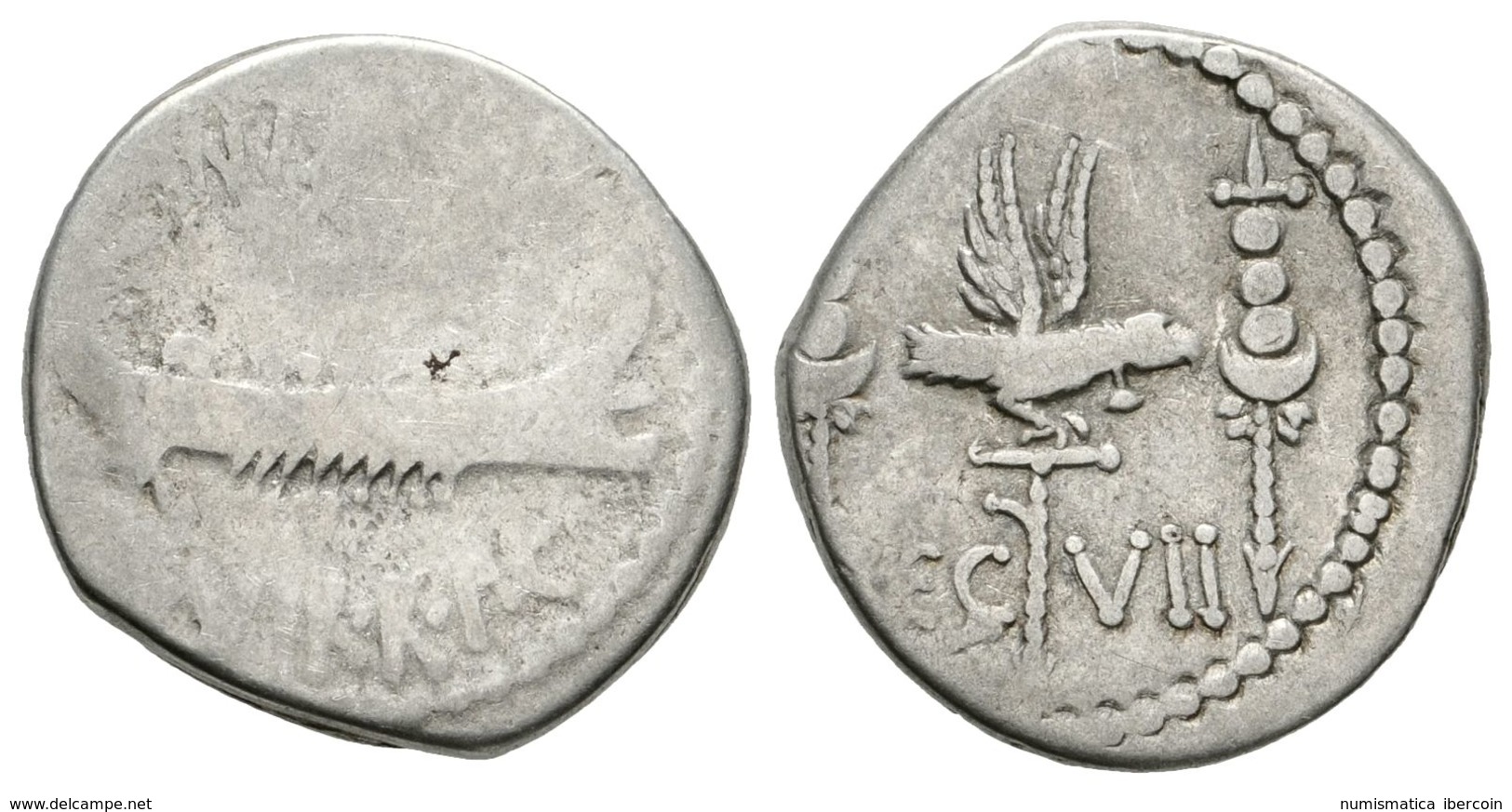 230 MARCO ANTONIO. Denario. 32-31 A.C. Ceca Volante (Patrae?). A/ ANT. AVG. III VIR. R. P. C. Galera Pretoriana A Derech - República (-280 / -27)