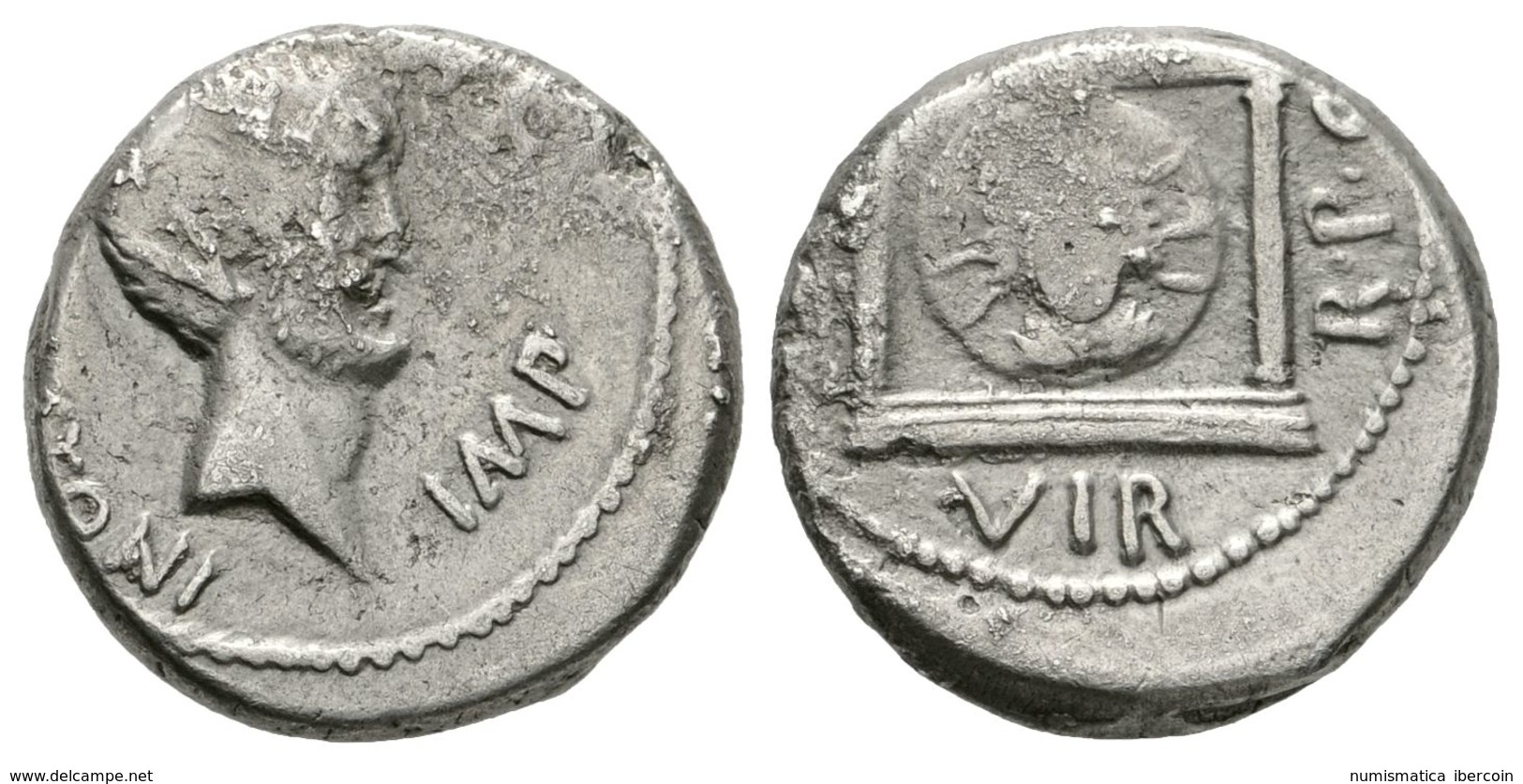 232 MARCO ANTONIO. Denario. 42 A.C. Ceca Volante. A/ Cabeza Descubierta Y Barbada De Marco Antonio A Derecha, Delante IM - Republiek (280 BC Tot 27 BC)