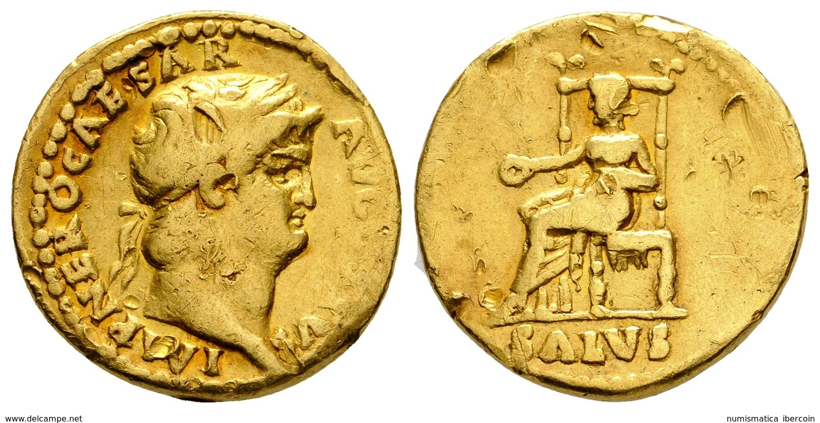 236 NERON. Aureo. 65-66 D.C. Roma. A/ Busto Laureado A Derecha. IMP NERO CAESAR AVGVSTVS. R/ Salus Sentada A Izquierda E - Röm. Republik (-280 / -27)