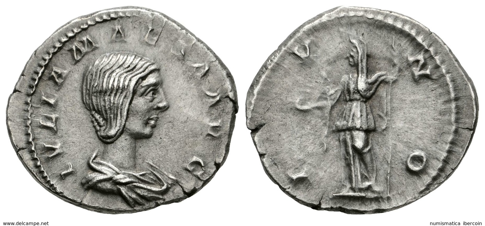 281 JULIA MAESA. Denario. 223 D.C. Roma. A/ Busto Drapeado A Derecha. IVLIA MAESA AVG. R/ Juno Estante A La Izquierda Po - Republiek (280 BC Tot 27 BC)