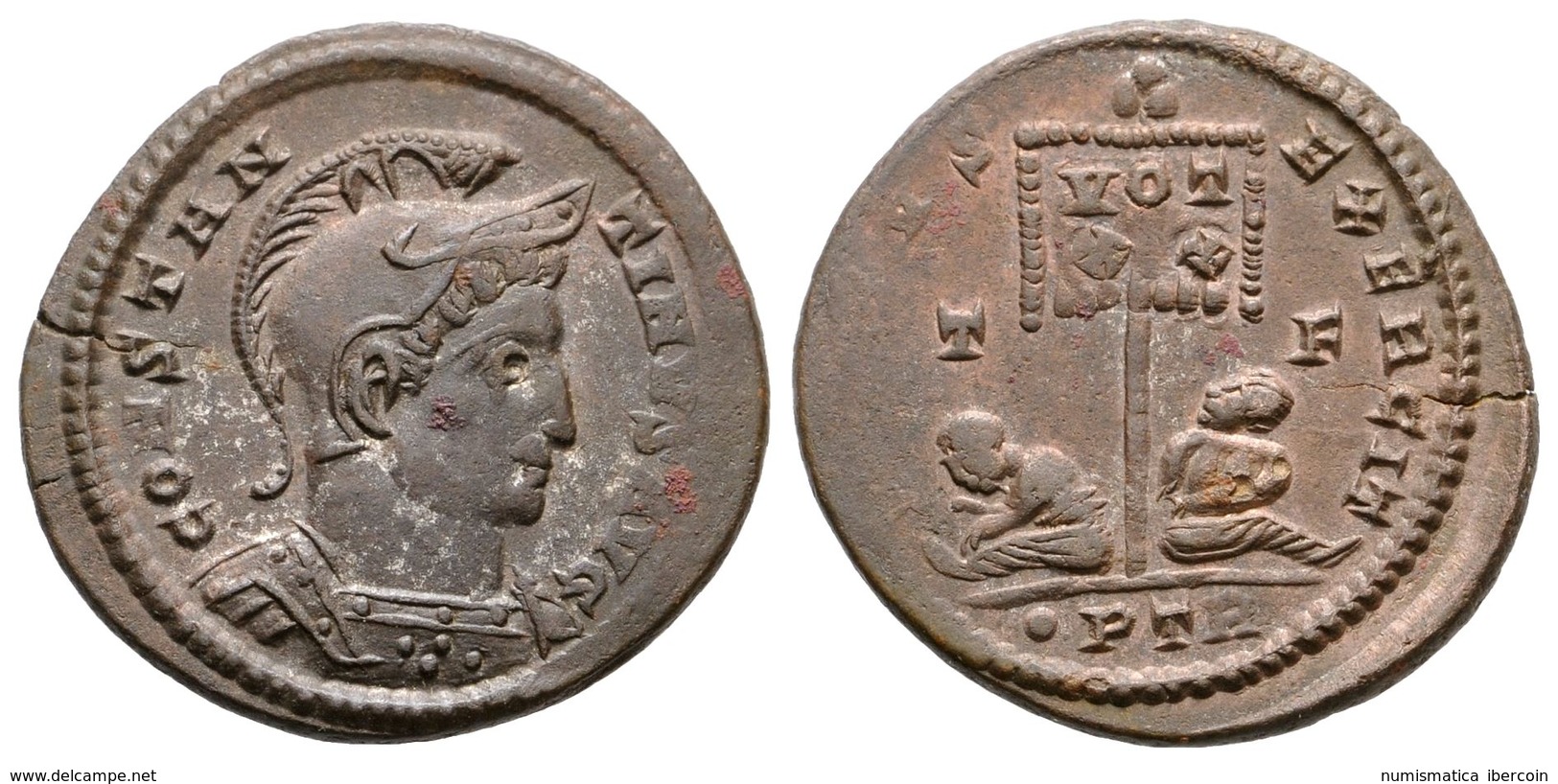 334 CONSTANTINO I. Follis. 320-321 D.C. Treveri. A/ Busto Con Casco Y Coraza A Derecha. CONSTANTINVS AVG. R/ Trofeo Y A  - Röm. Republik (-280 / -27)