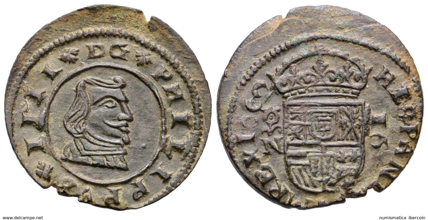 503 FELIPE IV. 16 Maravedís. 1662. Granada N. Cal-1351; J.S. M 231. Ae. 4,07g. Acuñación Desplazada. EBC/MBC+. - Altri & Non Classificati