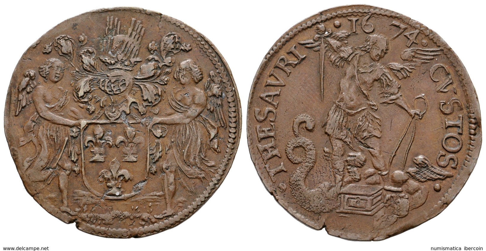 517 CARLOS II. Jeton-Token. 1674. Jacques Pipenpoix, Tesorero De Bruselas. A/ Escudo Con Tres Flores De Lis Sujetado Por - Sonstige & Ohne Zuordnung