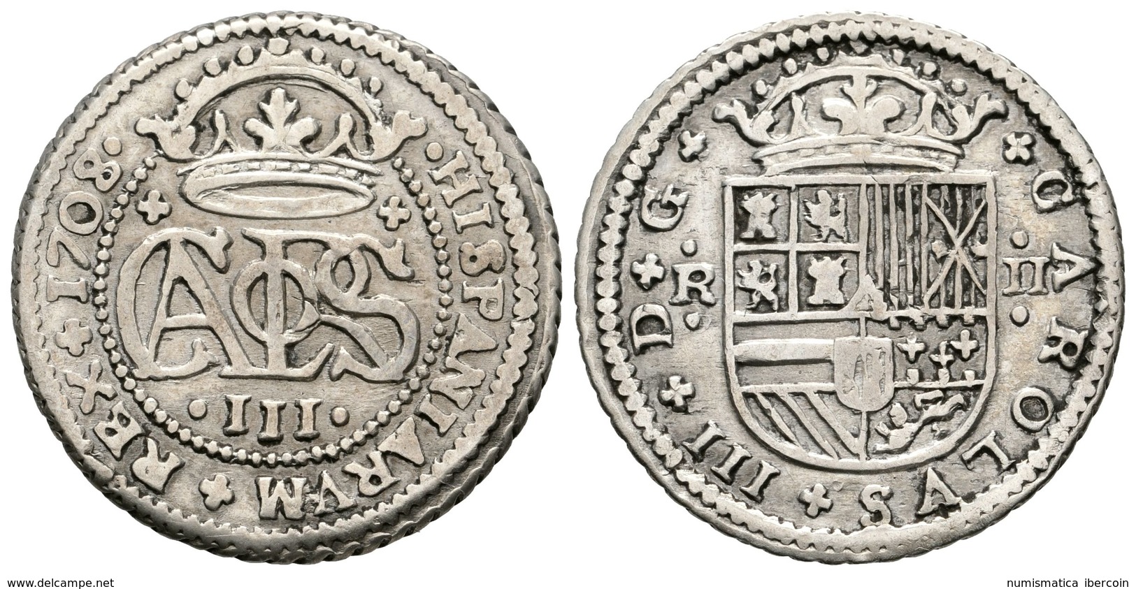 519 CARLOS III, Pretendiente. 2 Reales. 1708. Barcelona. Cal-24. Ar. 4,90g. MBC-. - Otros & Sin Clasificación