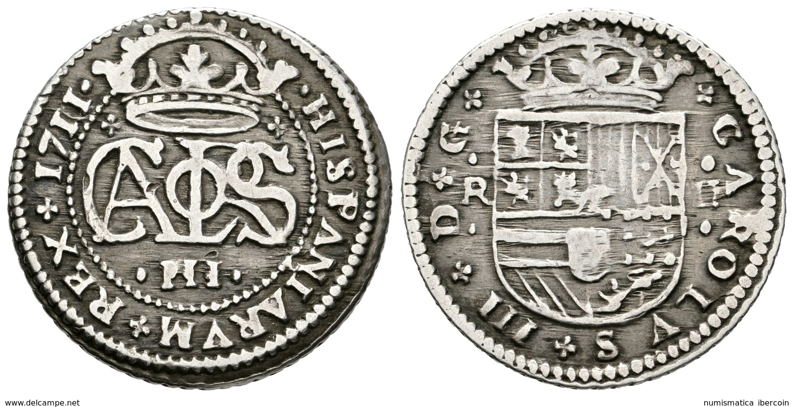 520 CARLOS III El Pretendiente. 2 Reales. 1711. Barcelona. Cal-27. Ar. 4,64g. Leve Perdida Del Cordoncillo En El Canto.  - Sonstige & Ohne Zuordnung