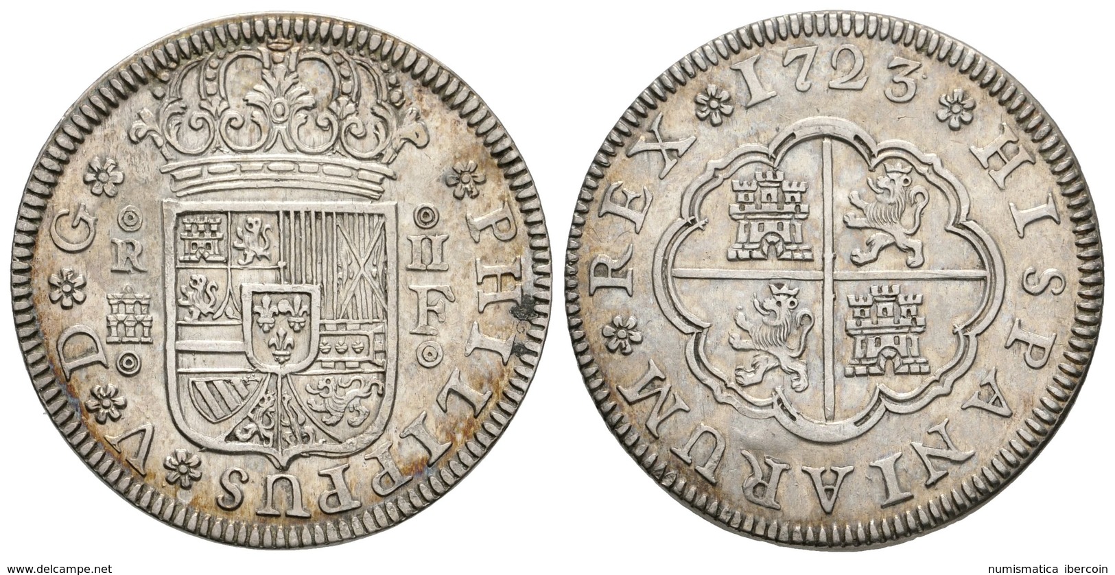 527 FELIPEV. 2 Reales. 1723. Segovia F. Doble Roel Acotando Las Siglas Y El Valor. Cal-1404. Ar. 5,72g. Tono. EBC-/MBC+. - Otros & Sin Clasificación