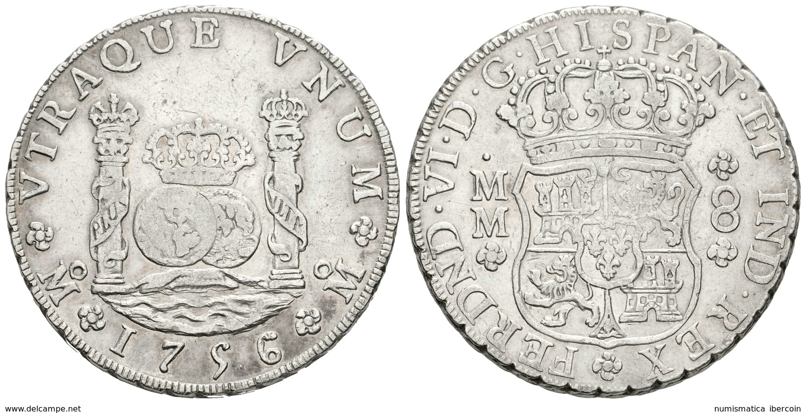 536 FERNANDO VI. 8 Reales. 1756. México MM. Columnario. Cal-340. Ar. 26,64g. MBC+. - Andere & Zonder Classificatie