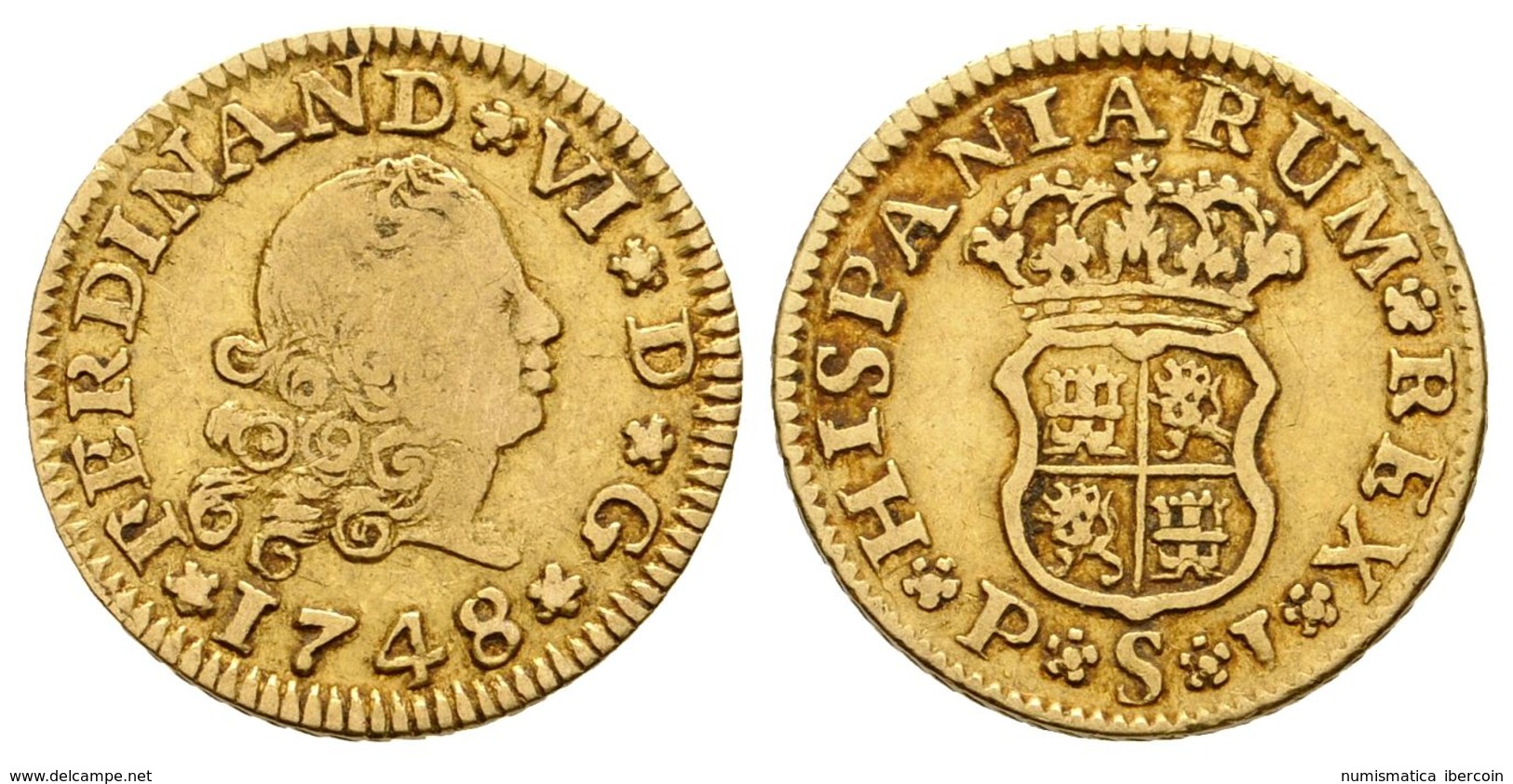 540 FERNANDO VI. 1/2 Escudo. 1748. Sevilla PJ. Cal-261. Au. 1,75g. MBC. - Andere & Zonder Classificatie