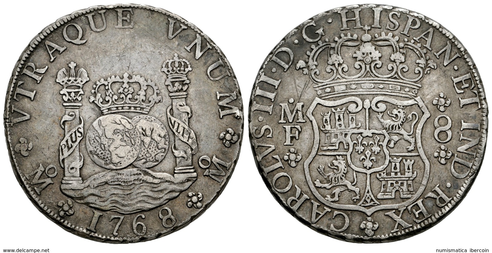 551 CARLOS III. 8 Reales. 1768. México MF. Columnario. Cal-908. Ar. 26,74g. Dos Perforaciones En El Canto. MBC. - Otros & Sin Clasificación