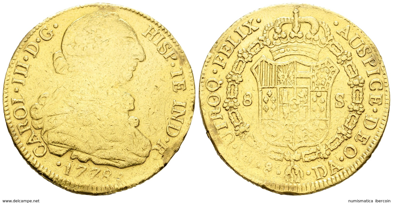 560 CARLOS III. 8 Escudos. 1778. Santiago DA, Variante HISP. TE. En Lugar De ET Y La A Del Ensayador Rectificada. Vi-171 - Sonstige & Ohne Zuordnung