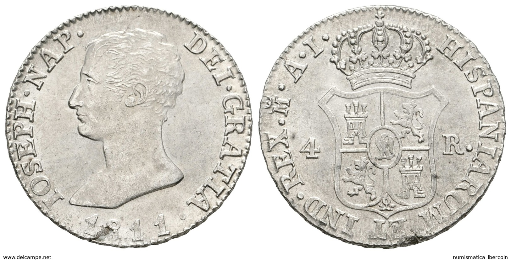 580 JOSE NAPOLEON. 4 Reales. 1811. Madrid AI. Cal-55. Ar. 5,63g. Brillo Original Y Hoja En La Fecha. EBC+. - Otros & Sin Clasificación