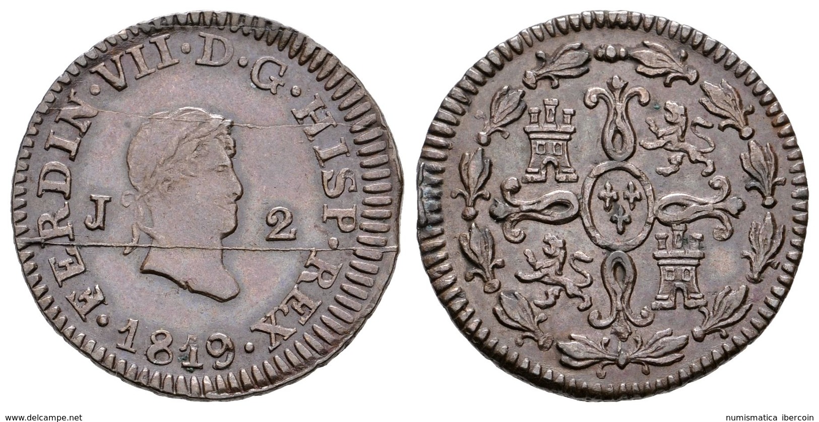 588 FERNANDO VII. 2 Maravedís. 1819. Jubia J. Cal-1586. Ae. 2,35g. MBC+/EBC-. - Otros & Sin Clasificación